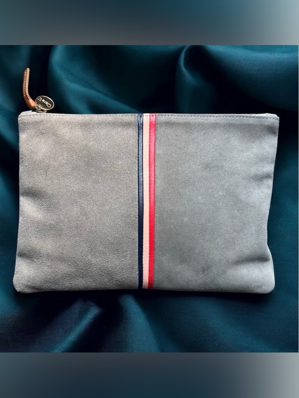Clare V. Suede Gray Clutch Bag Black Pink Red Leather Stripes Gold Tone Charm